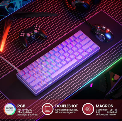 Mechanical Gaming Keyboard - 61-Key RGB LED Backlit Wired, Programmable for PC/Mac Gaming (Gateron Optical Brown, Lavender) with Multi-Color Illumination.