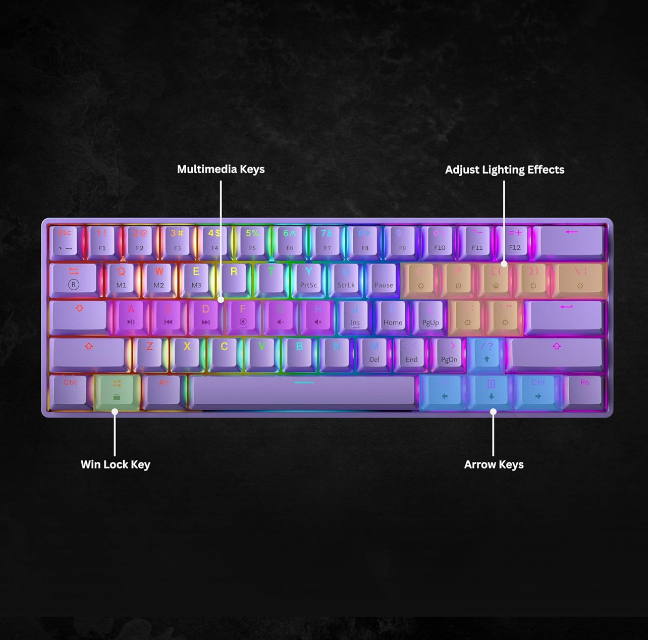 Mechanical Gaming Keyboard - 61-Key RGB LED Backlit Wired, Programmable for PC/Mac Gaming (Gateron Optical Brown, Lavender) with Multi-Color Illumination.